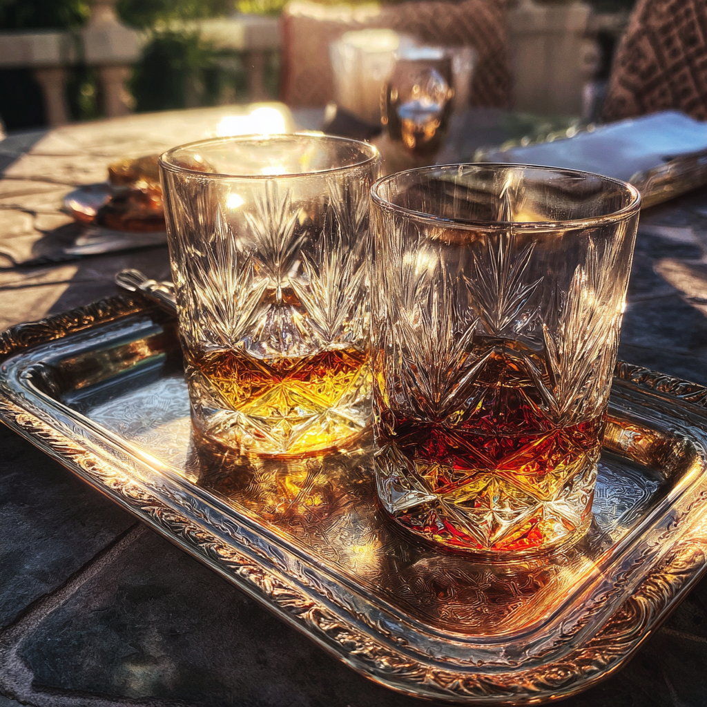 Glasses of whiskey on a silver tray | Source:  no source
