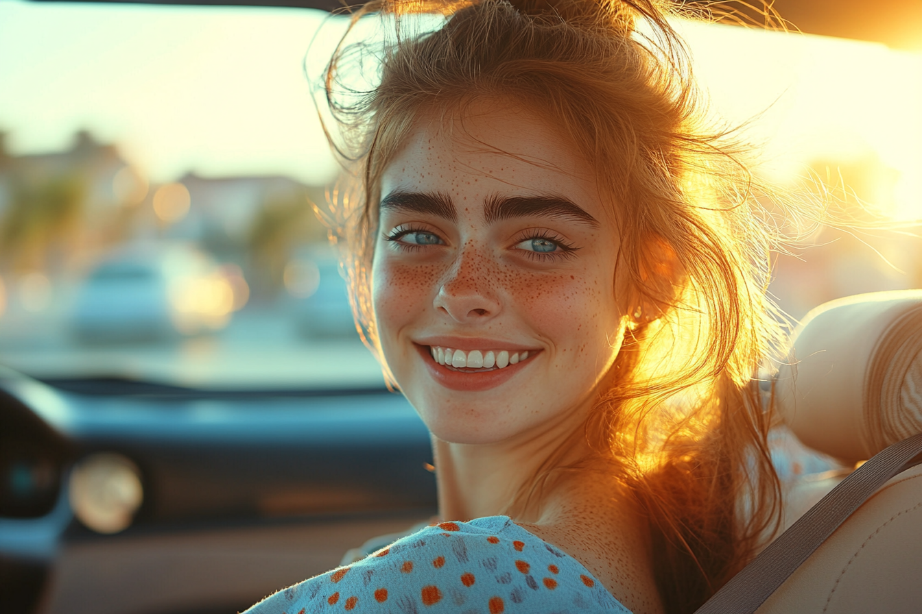 A young woman in a car, smiling | Source: no source