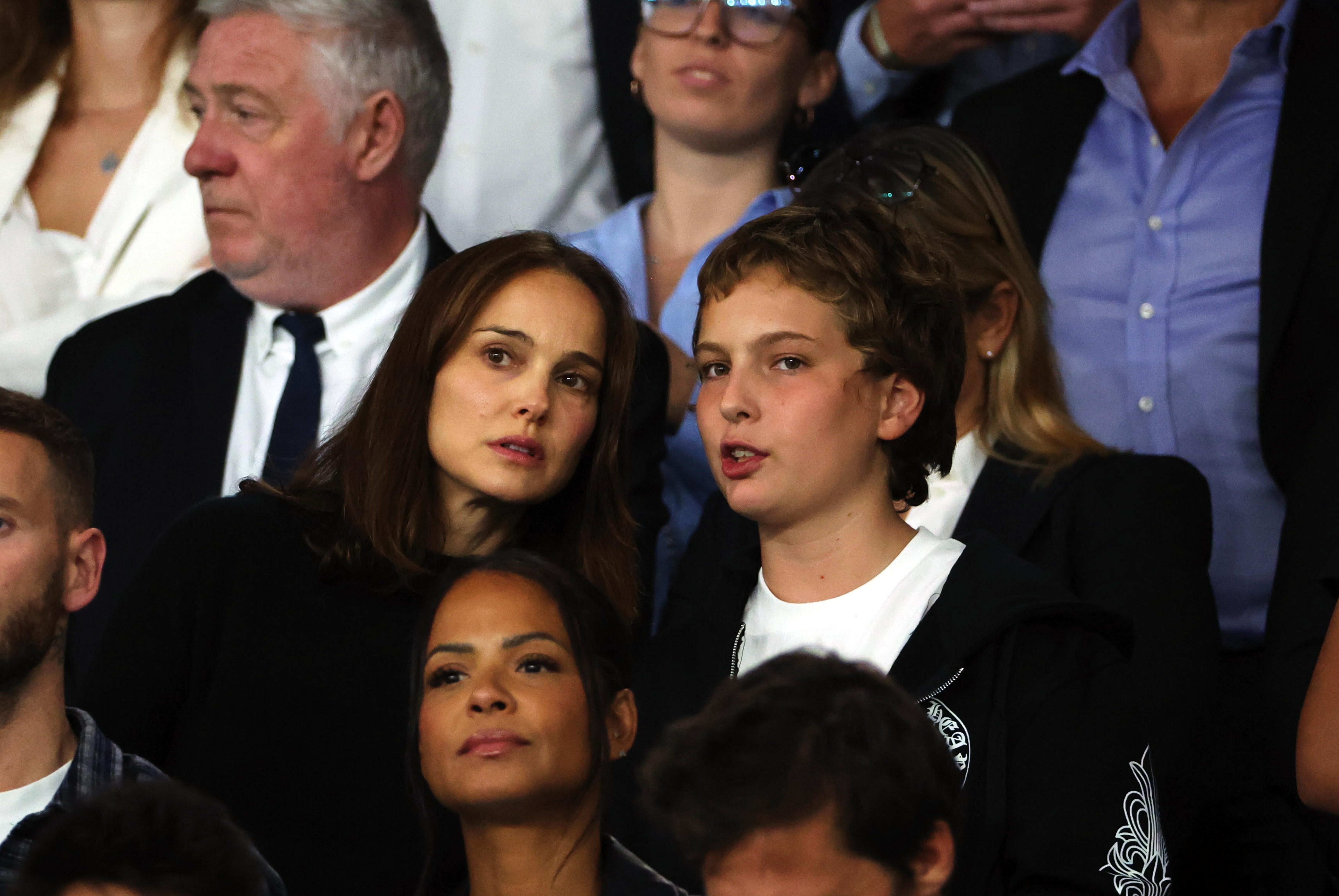 Natalie Portman react with her son, Aleph Portman-Millepied during the FIFA World Cup 2026 qualifier -Group H match between France and Iceland at Parc des Princes on September 9, 2025 in Paris, France. | Source: Getty Images