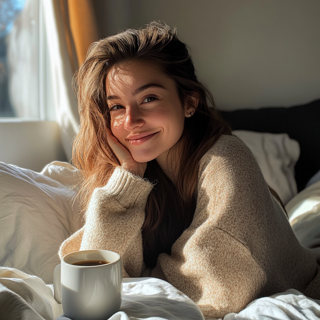 Woman having coffee while seated on her bed | Source: No source