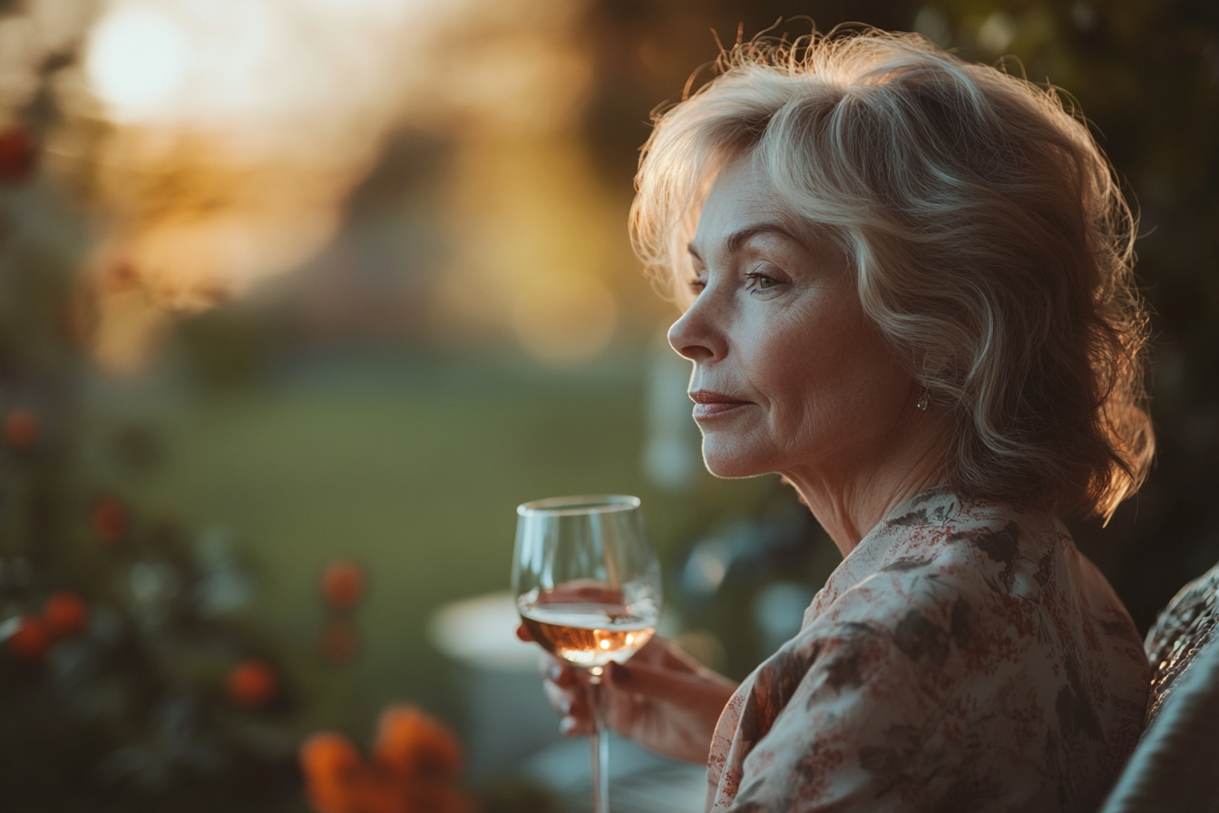 Senior woman in deep thoughts holding a glass of wine | Source: no source