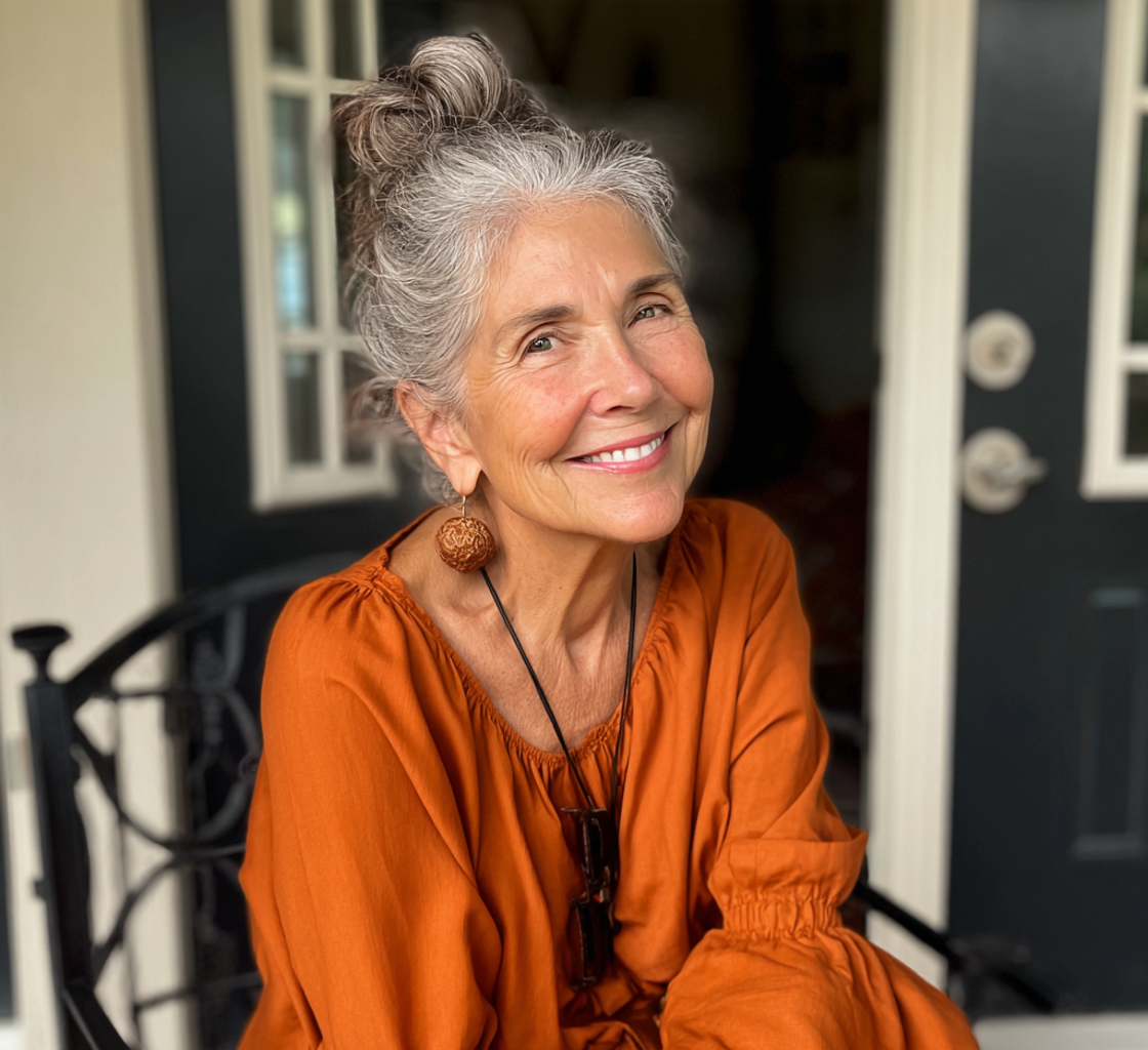 A smiling old woman sitting on a porch | Source: No source