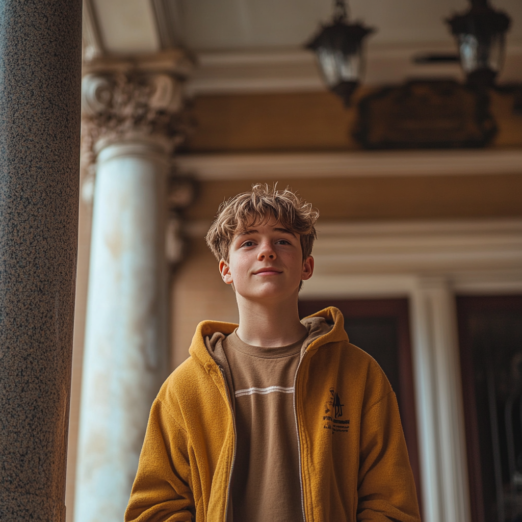 Boy standing at a college building | Source: No source