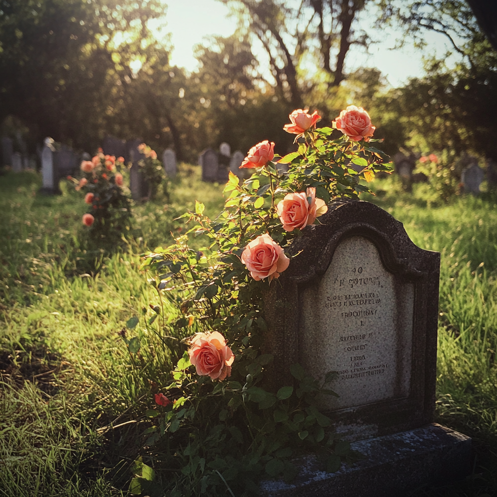 Roses growing on a tombstone | Source: No source