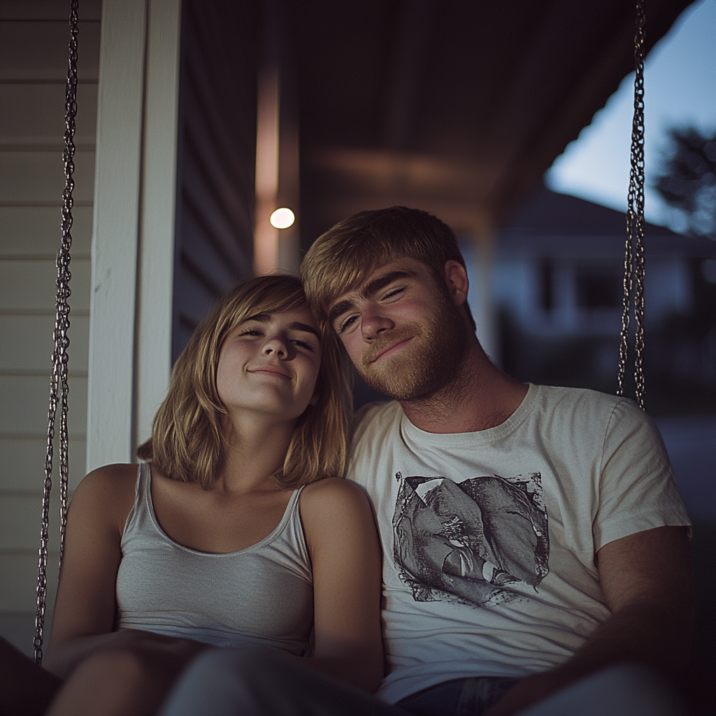 Happy siblings on a porch swing | Source: No source