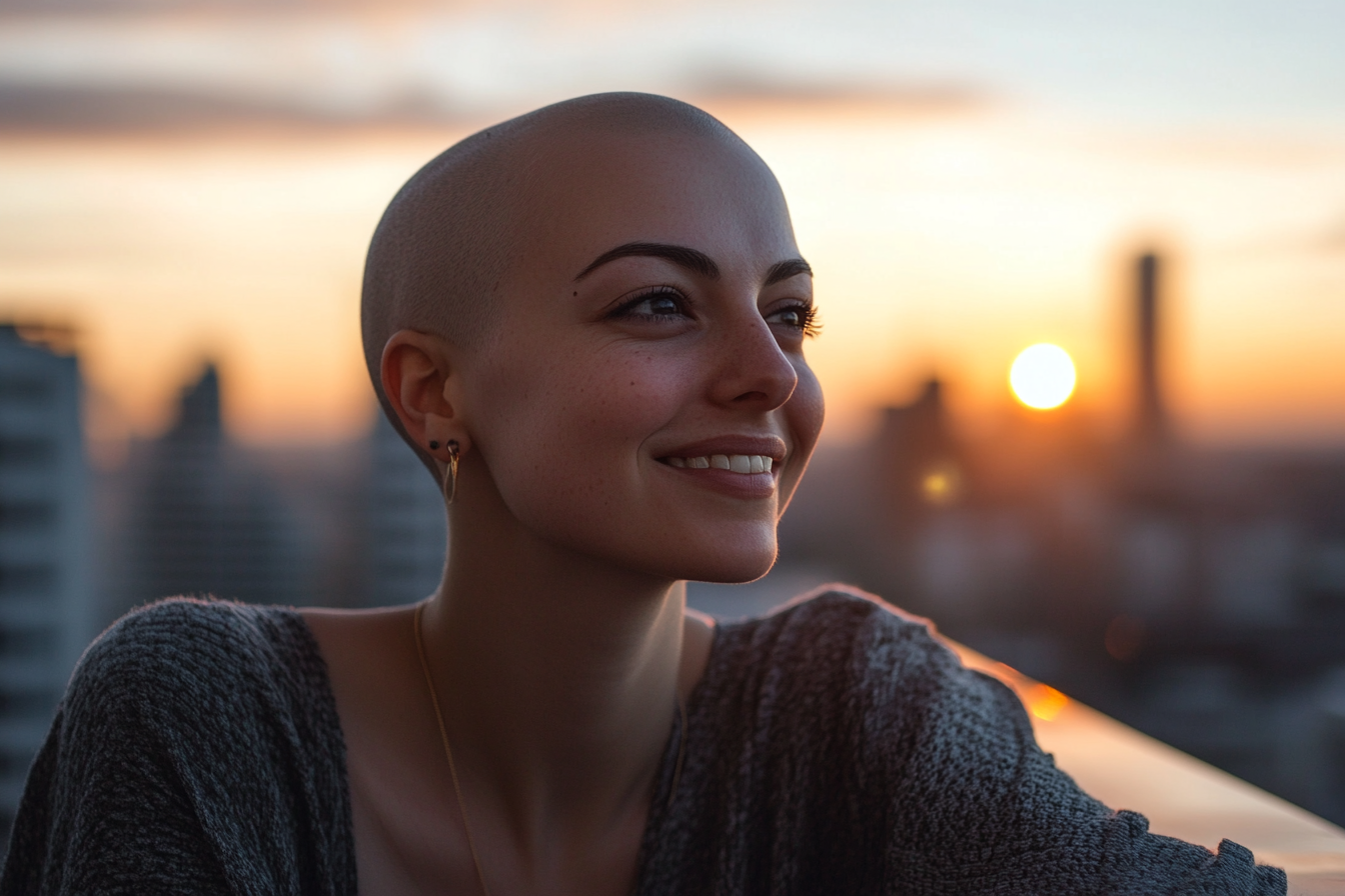 A smiling bald woman on a balcony at sunset | Source: No source