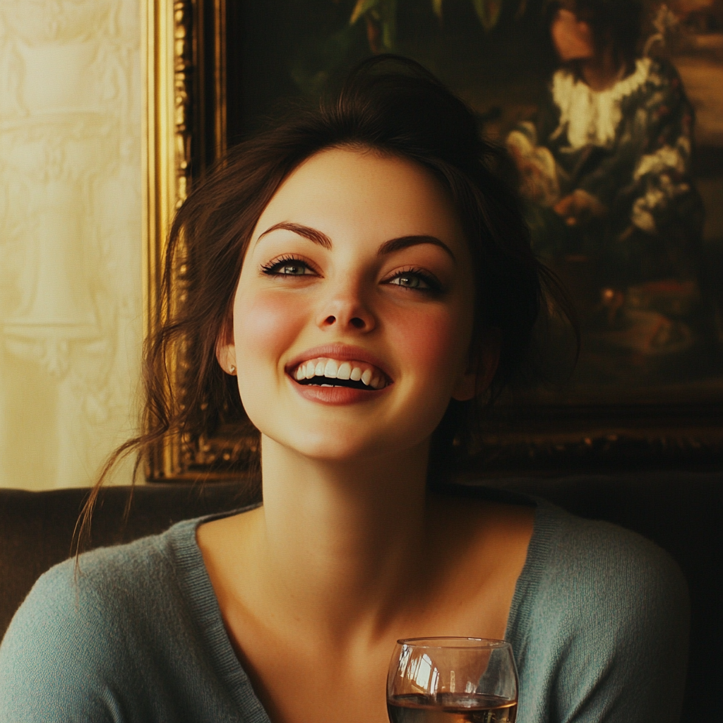 A woman laughing as she holds her wine glass | Source: No source
