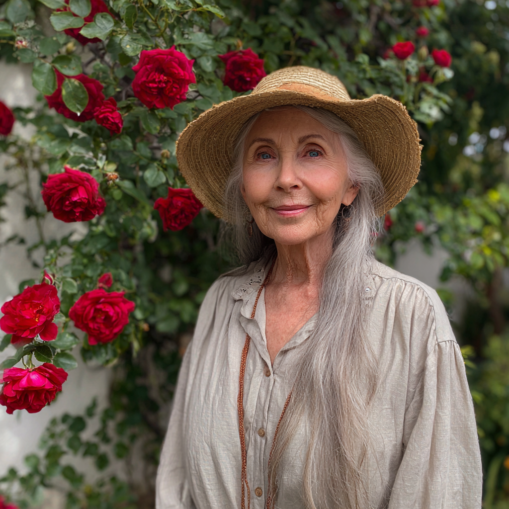 A smiling old woman standing in her garden | Source: No source