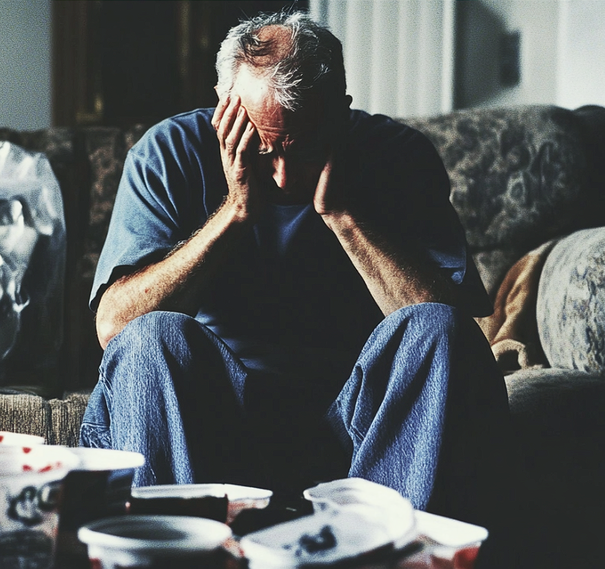 A mature man crying on a sofa | Source: No source