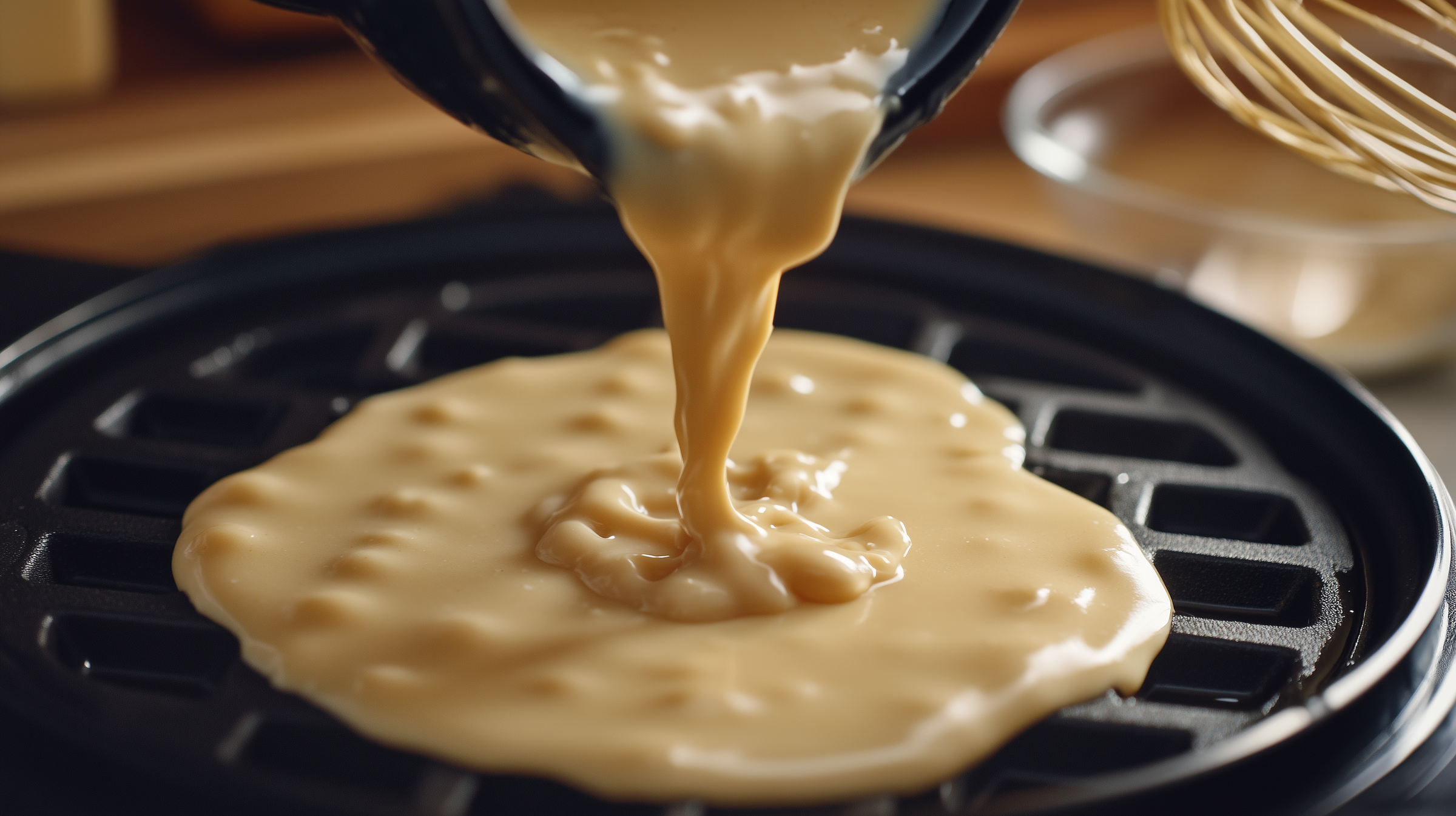 Waffle batter being poured onto a waffle iron | Source: no source