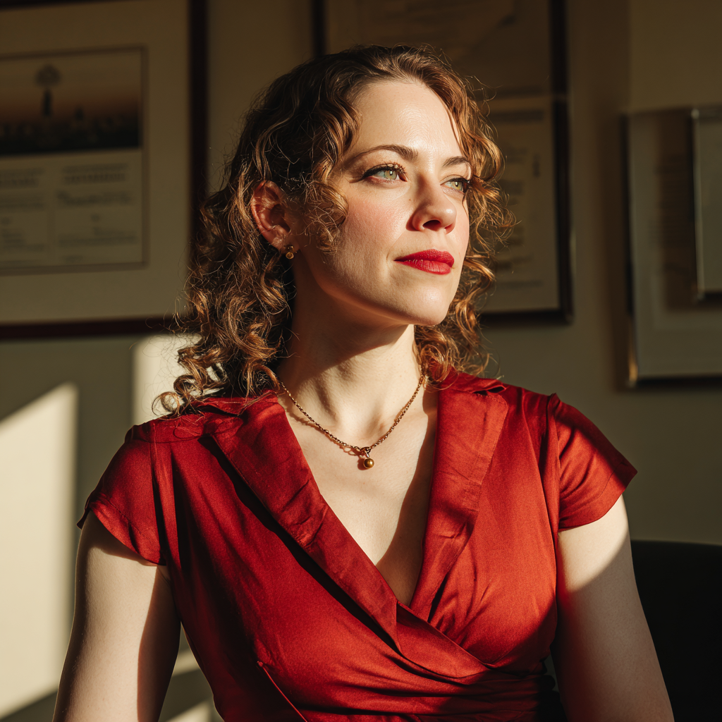 A woman in a red dress sitting in a lawyer's office | Source: no source