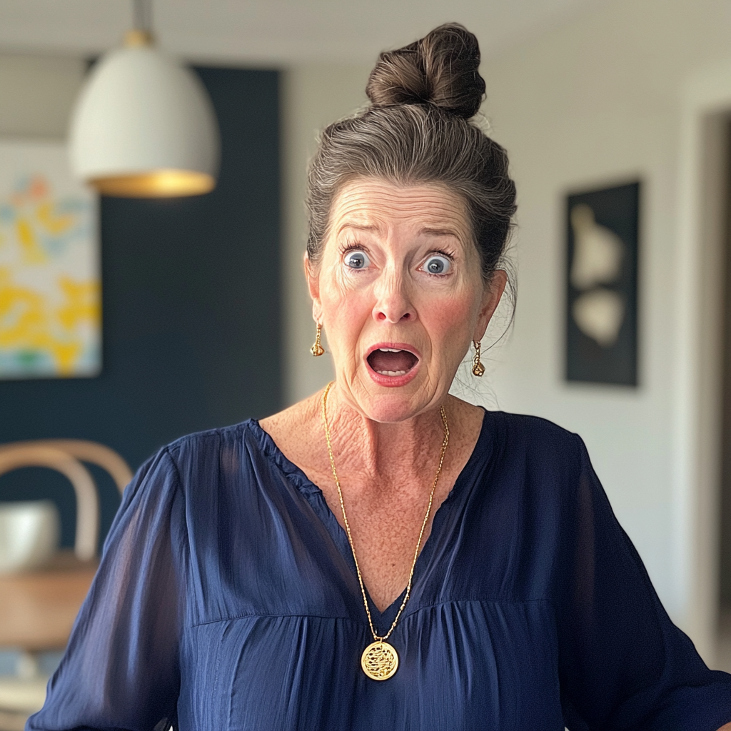 A shocked older woman wearing a navy blouse | Source: no source