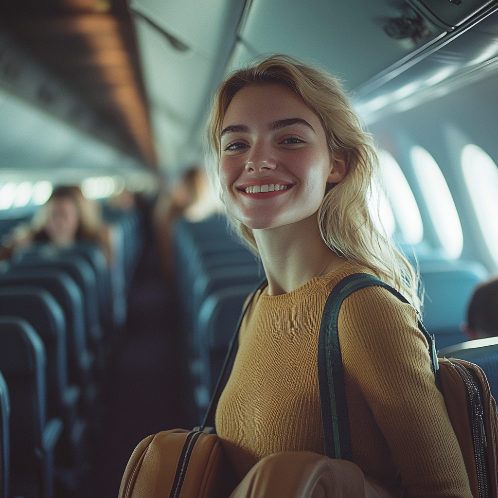 A woman carrying her luggage on a plane | Source: no source