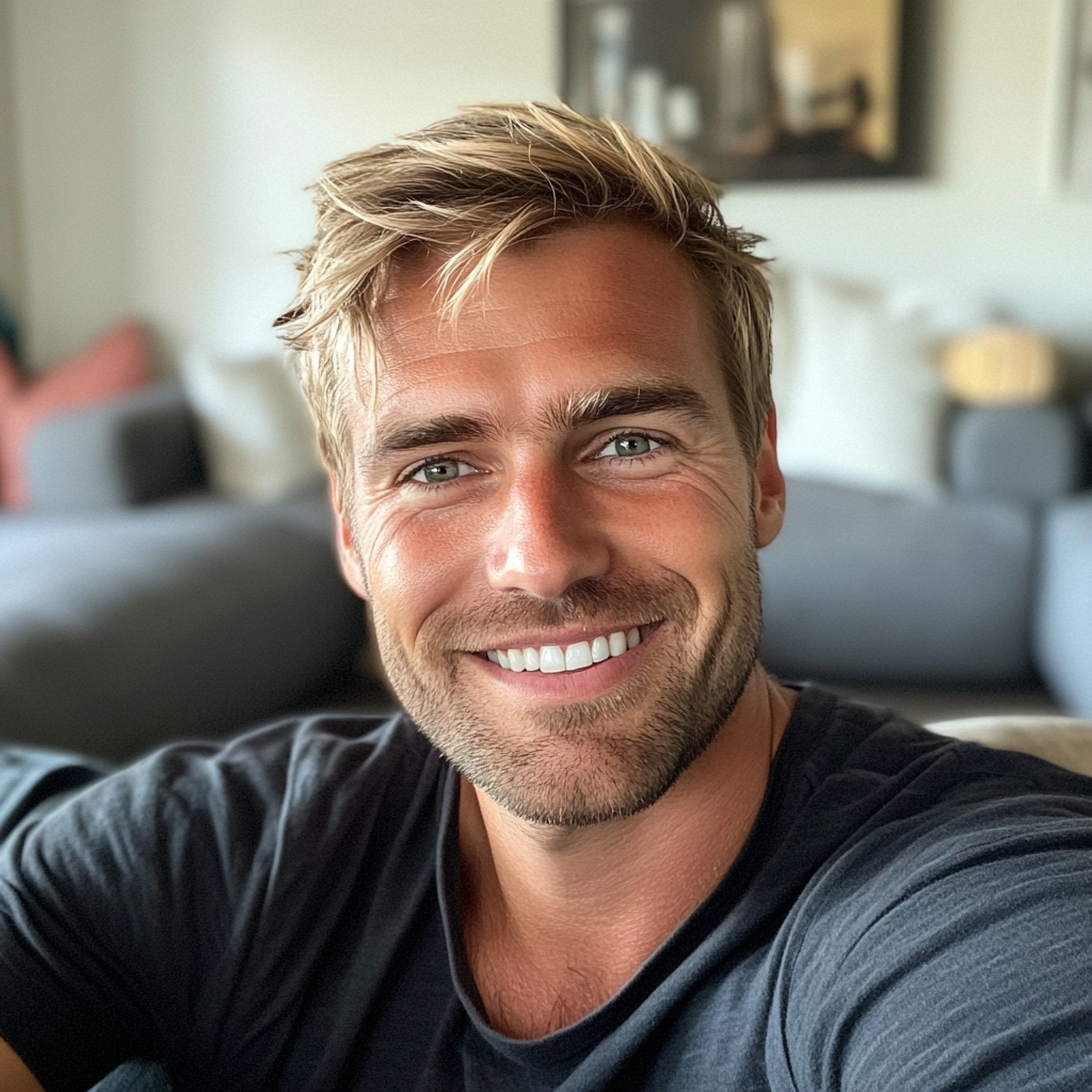 A man sitting on a living room couch | Source: no source
