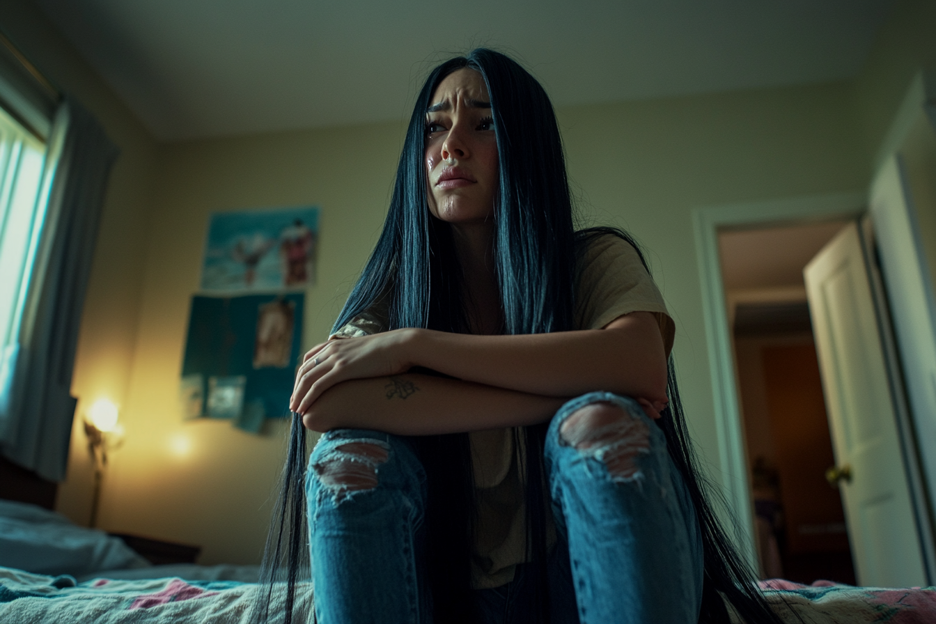 A young woman cries on a bed with her arms around herself | Source: no source