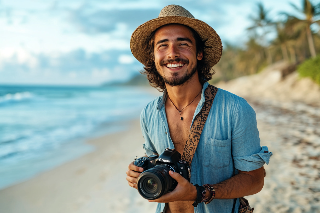 A grinning man holding a camera on the beach | Source: No source
