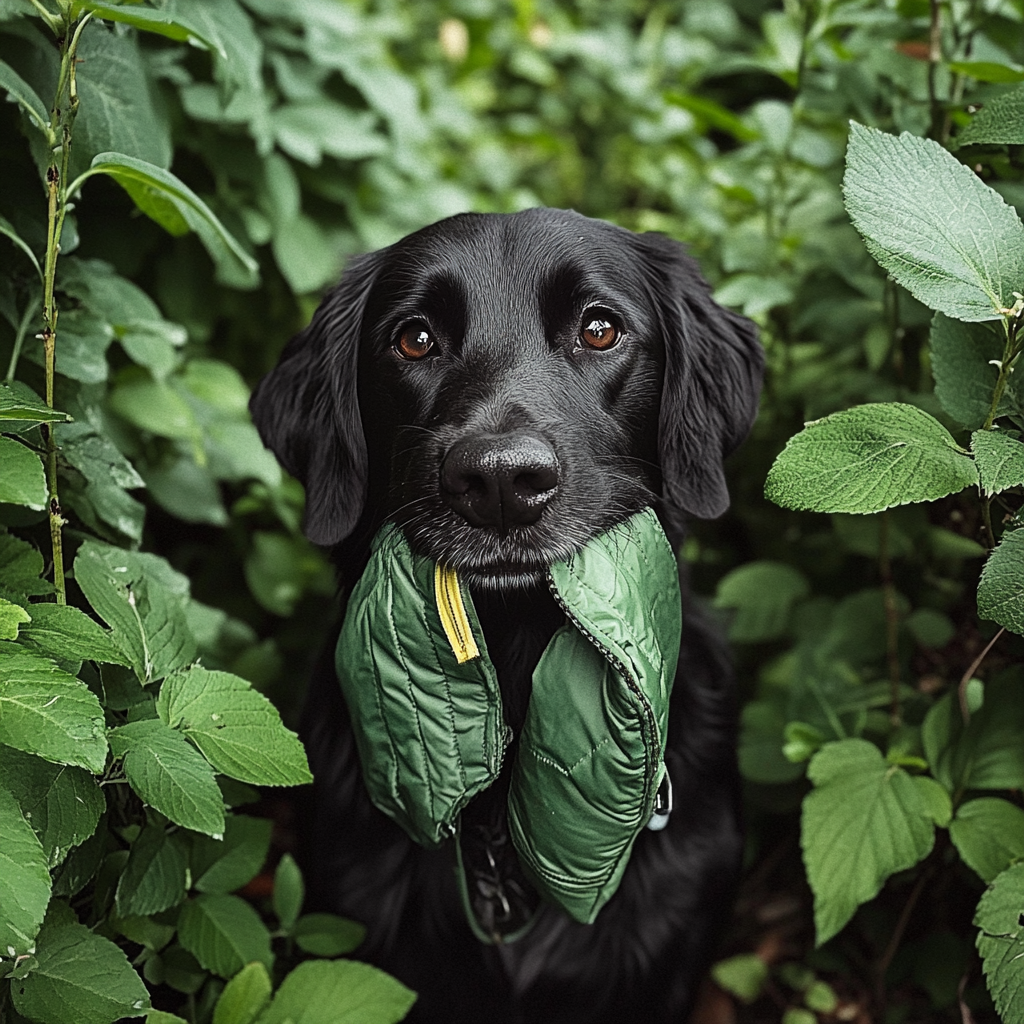 A black dog in the bushes | Source: No source