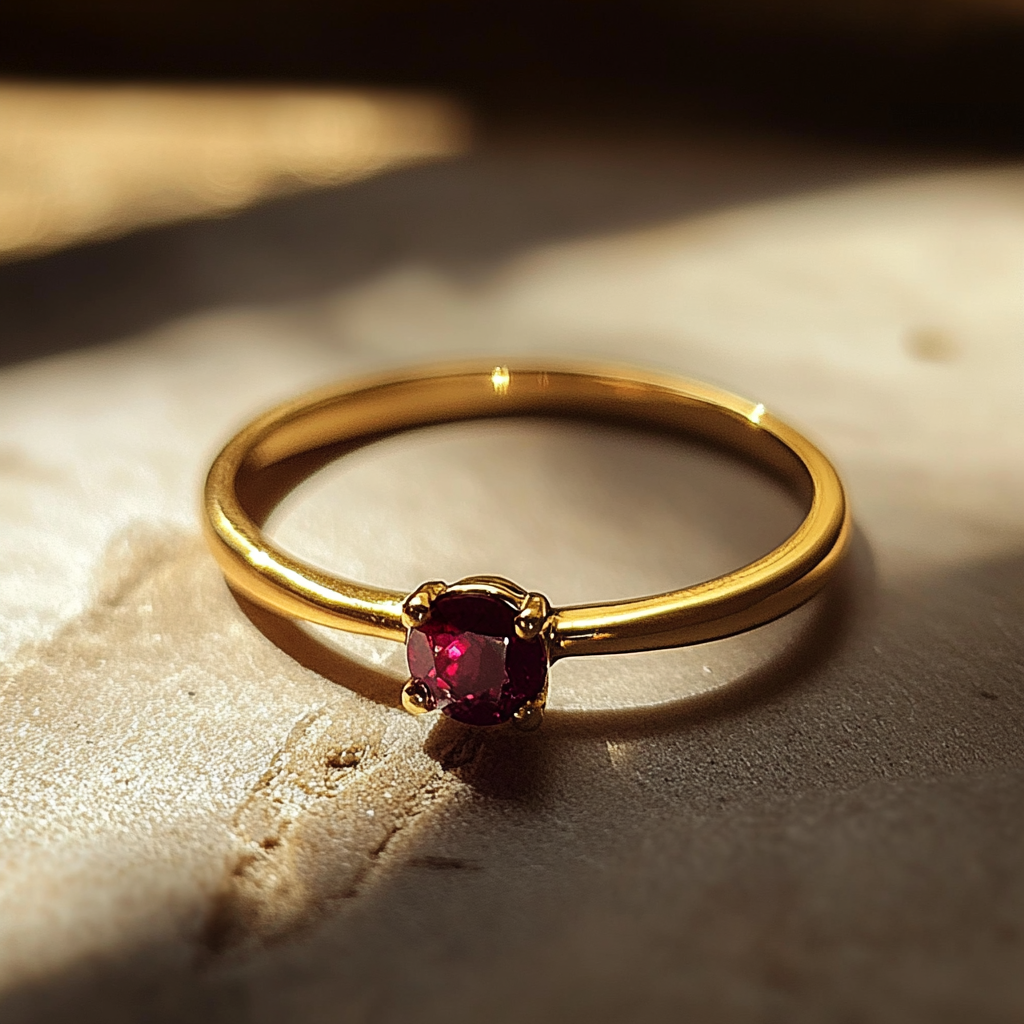 A close up of a gold ring with a ruby | Source: No source