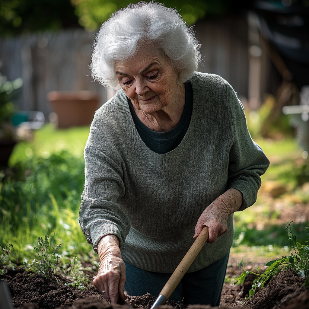 An elderly woman digging with a spade in her garden | Source: no source