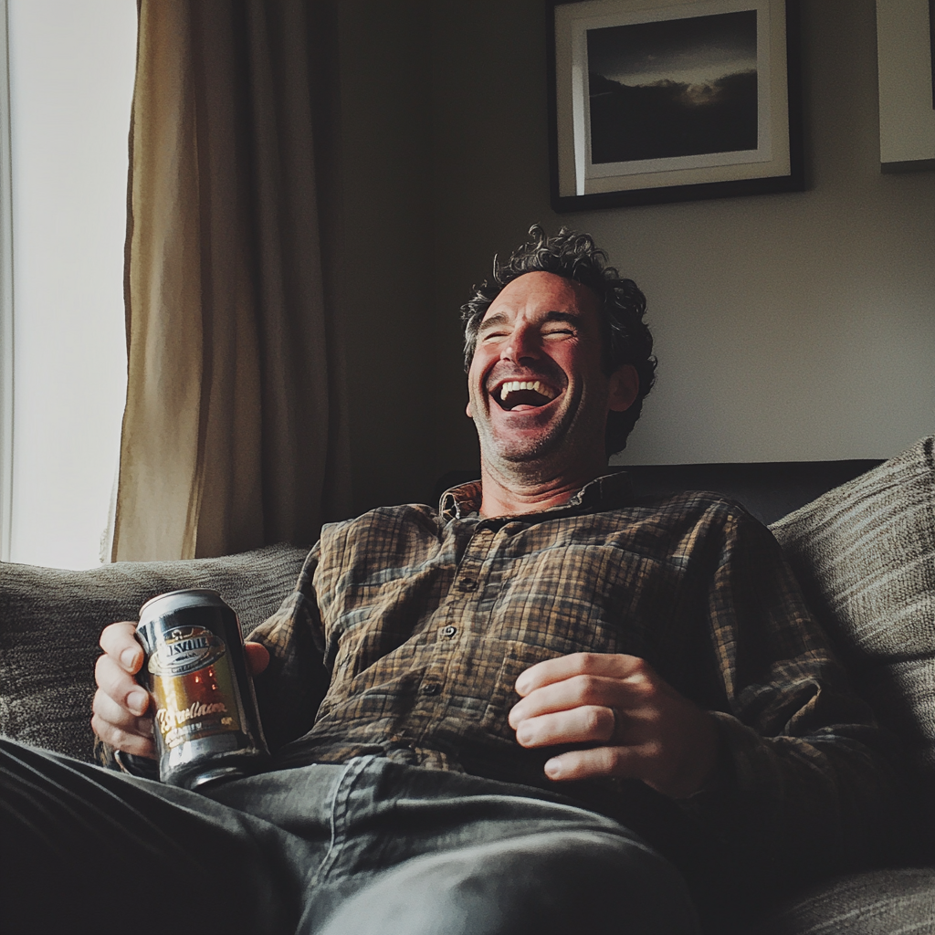 A man sitting on a couch and holding a can | Source: No source