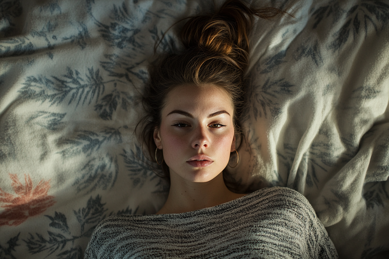 A woman in her 30s just blinking awake in the morning in bed | Source: no source