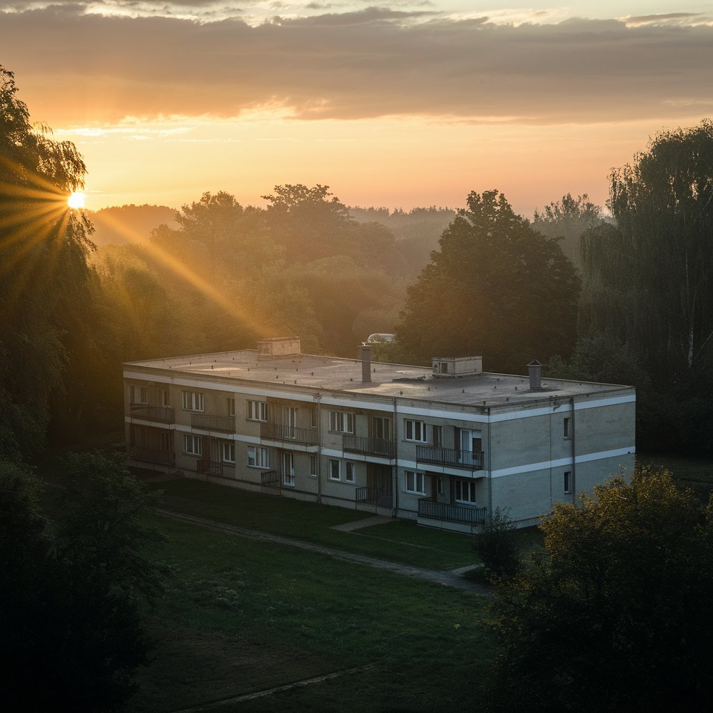 A modest apartment block at sunrise | Source: no source
