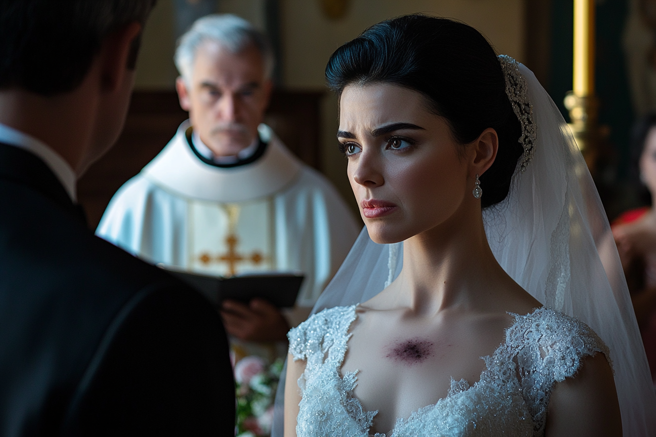 A bride standing in front of the groom and priest at the altar of a church, looking upset | Source: no source