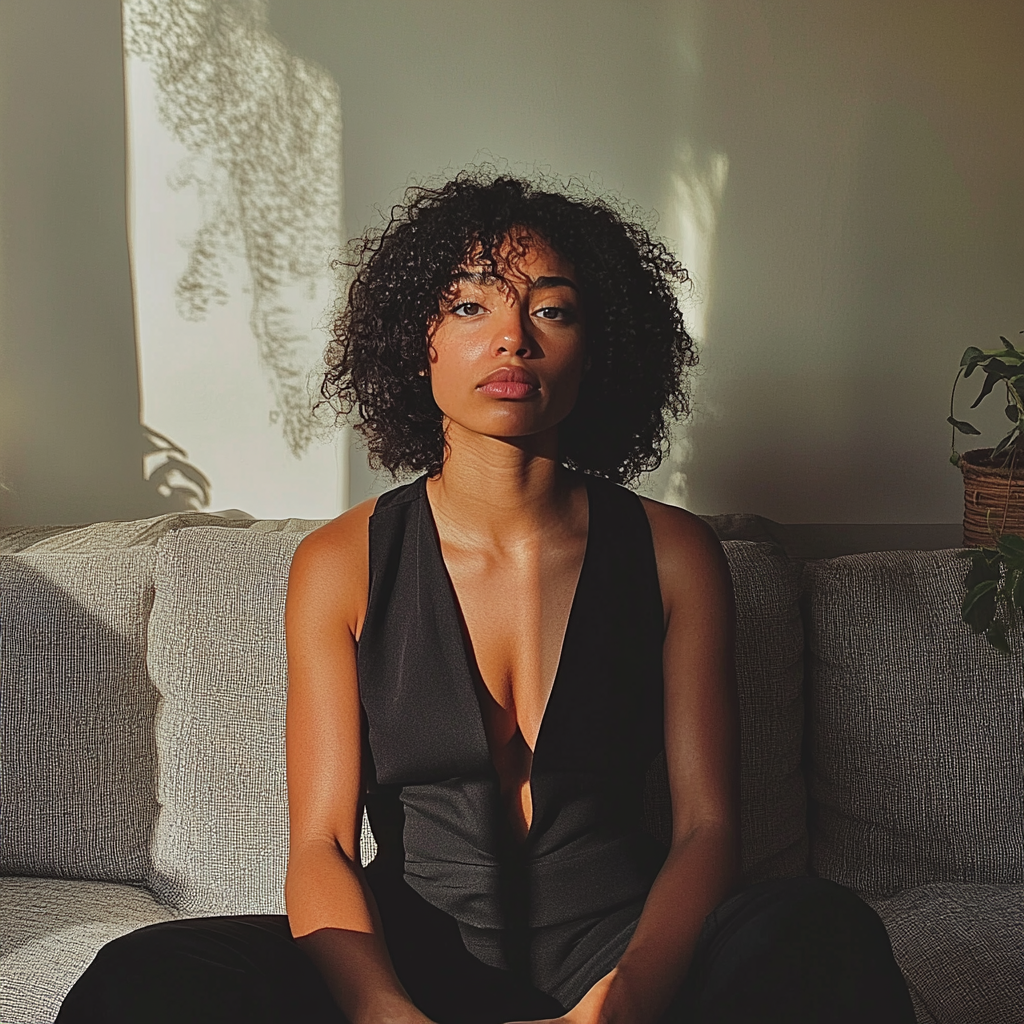 A woman sitting on a couch | Source: No source
