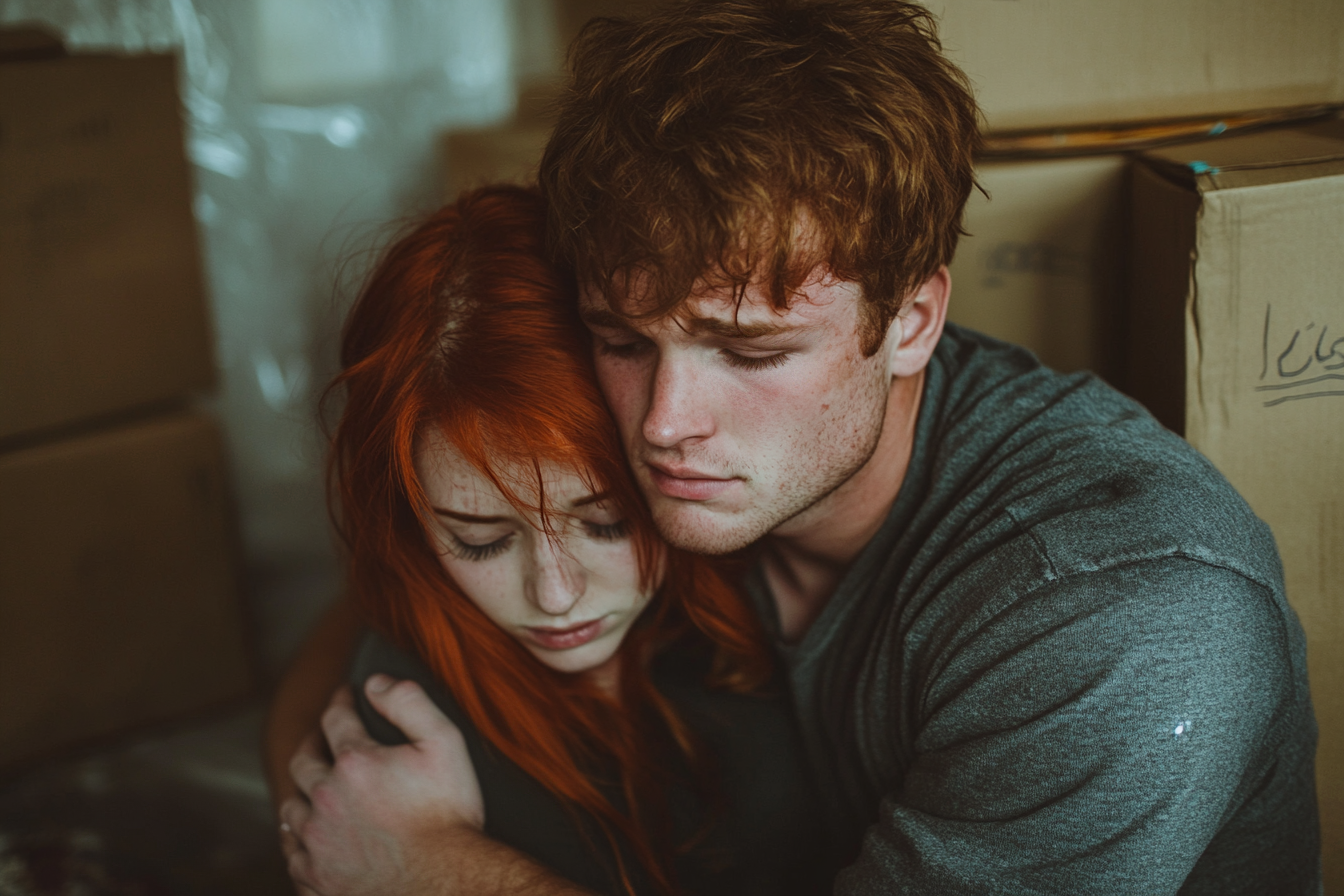 A couple hugging in a storeroom | Source: no source