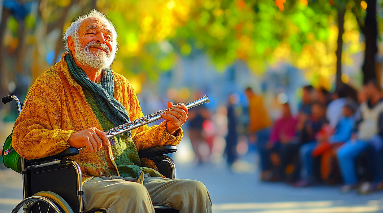 An older man in a wheelchair holding a flute | Source: No source