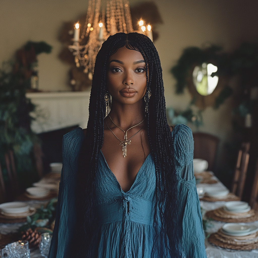 A woman standing in a dining room | Source: no source