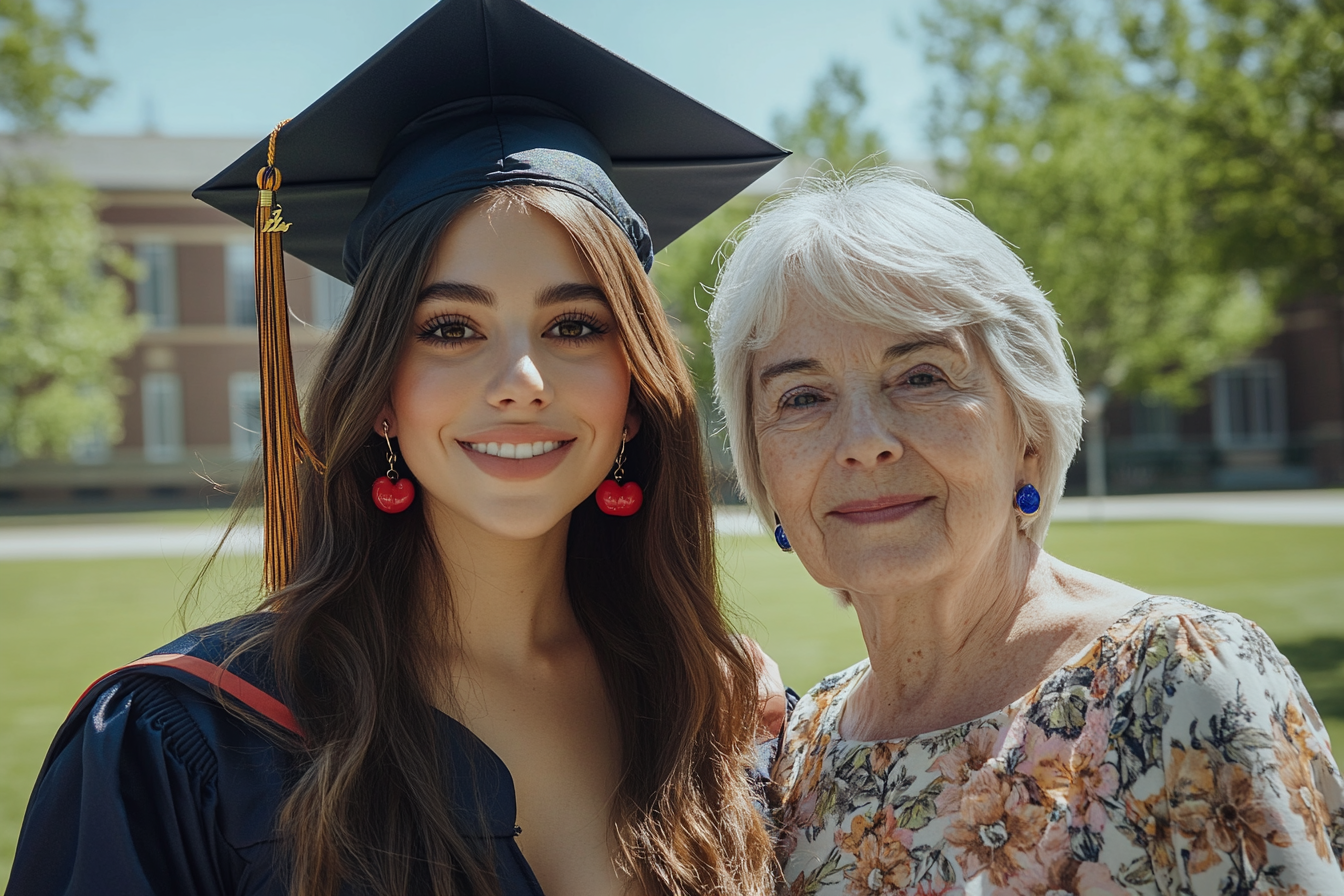 A woman and her grandmother happily posing in front of a college campus during a graduation | Source: No source