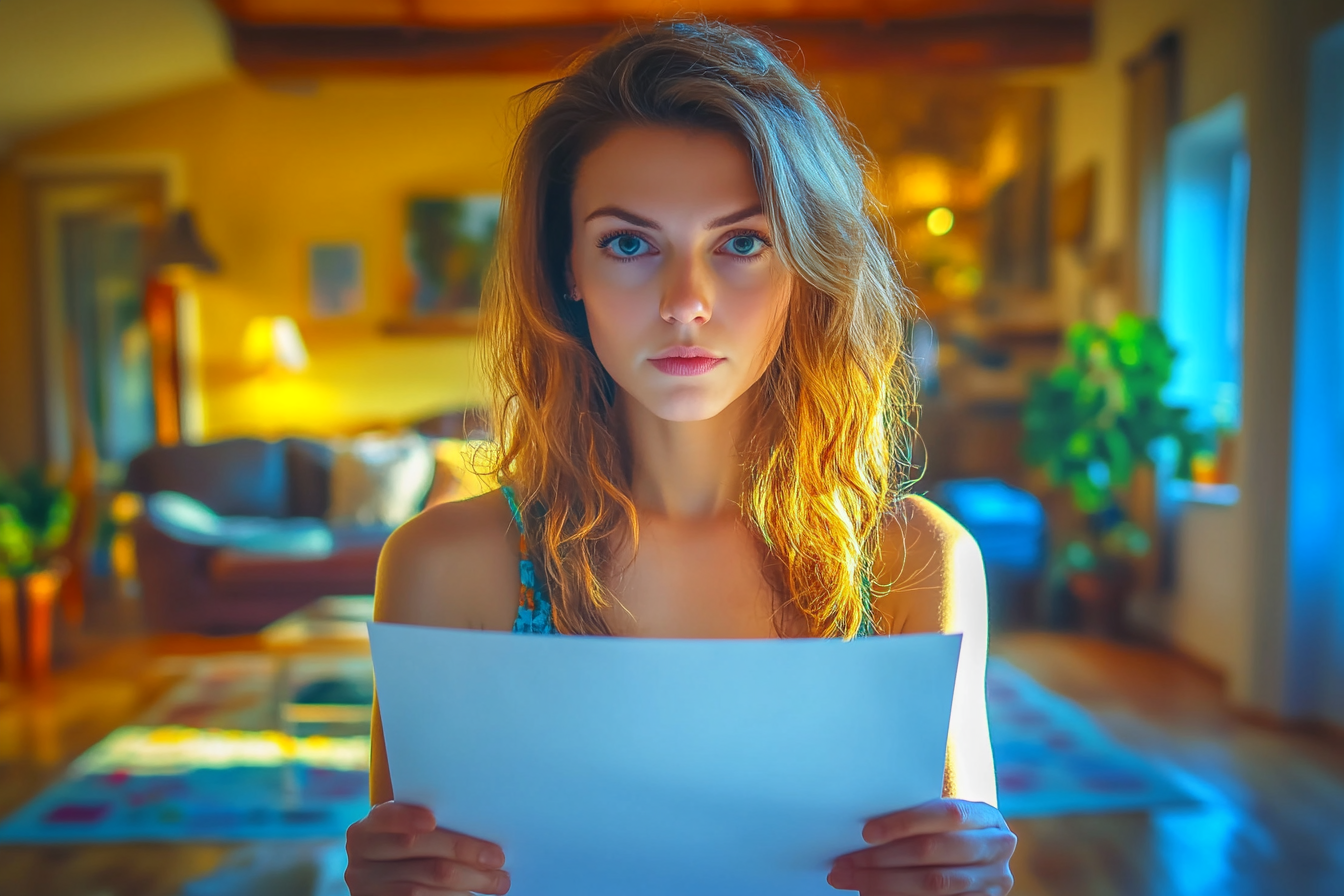 A serious woman holding a paper page | Source: no source