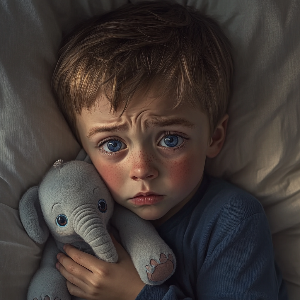 A distressed little boy lying in bed with his plushie | Source: no source