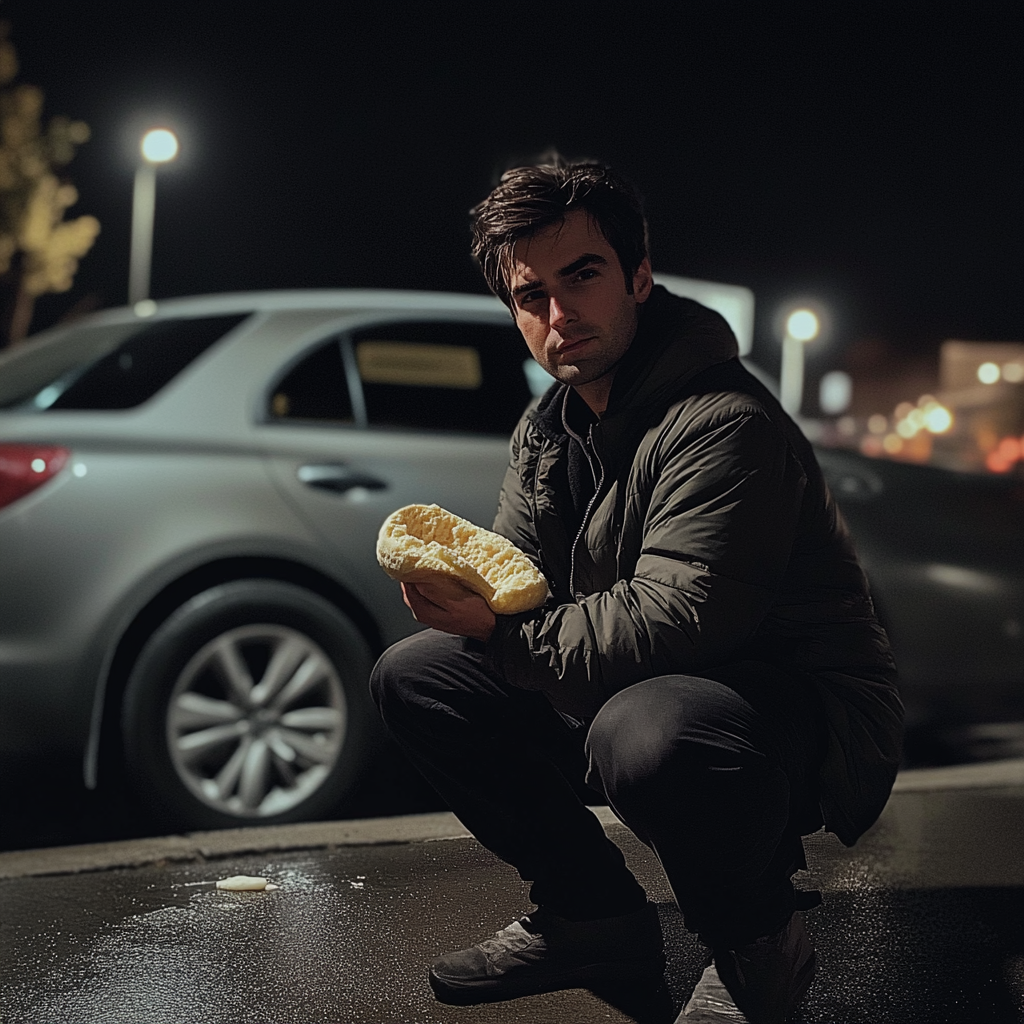 A man kneeling in front of a car | Source: No source
