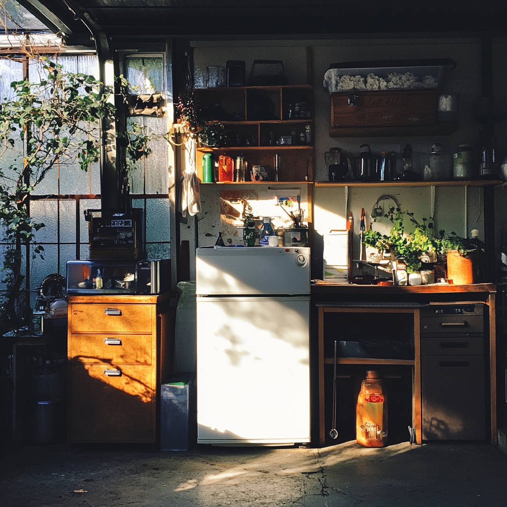 A mini-fridge in a garage | Source: no source