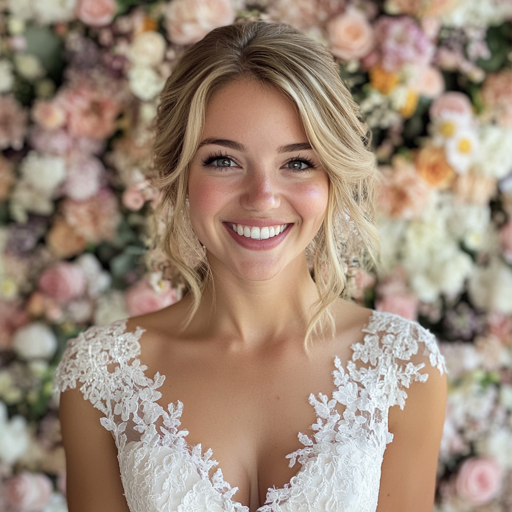 A bride standing in front of a flower wall | Source: no source