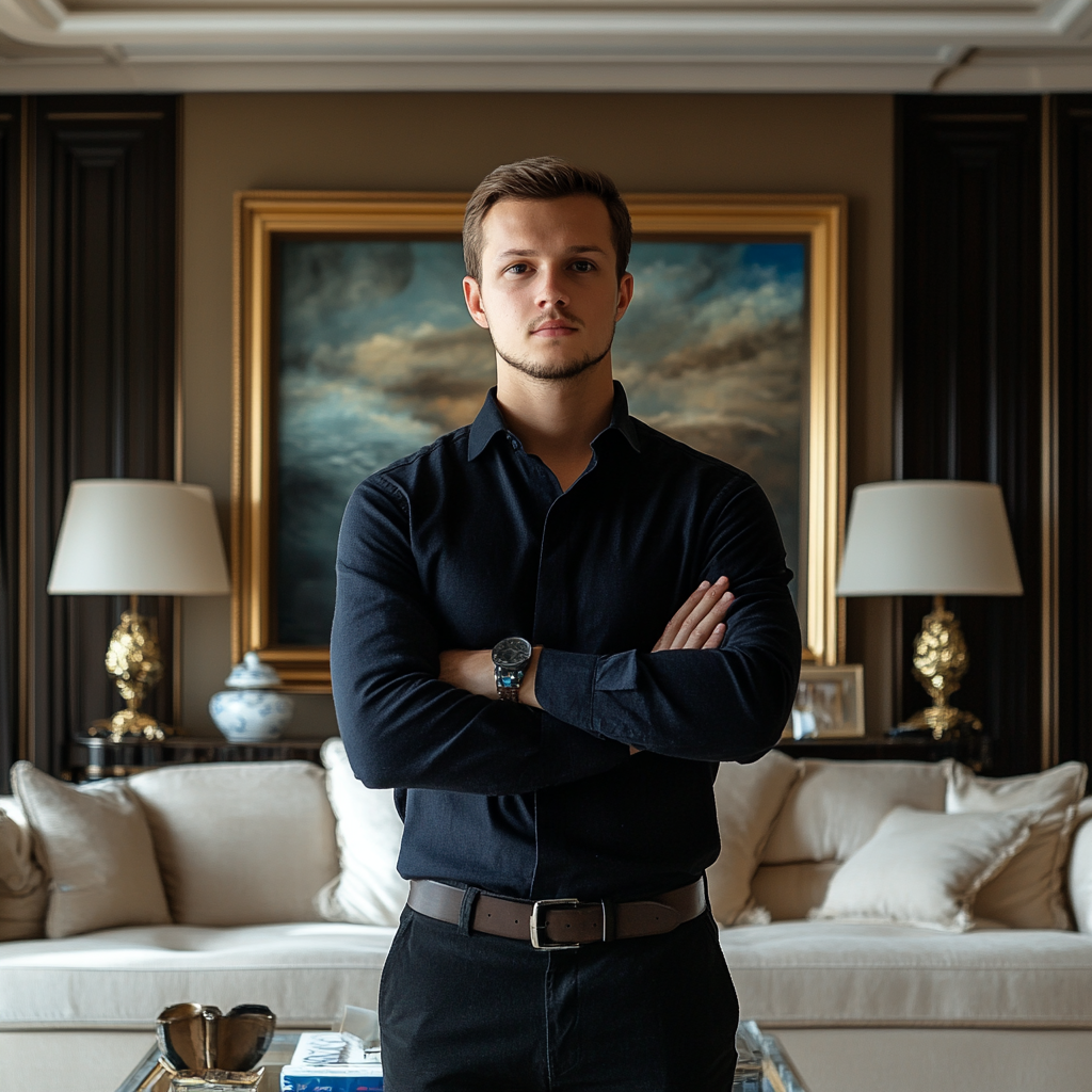 Serious man standing in a luxurious living room with crossed arms | Source: no source