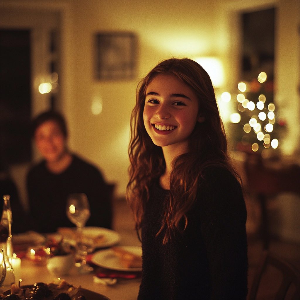 A woman standing up to talk at a dinner table | Source: No source