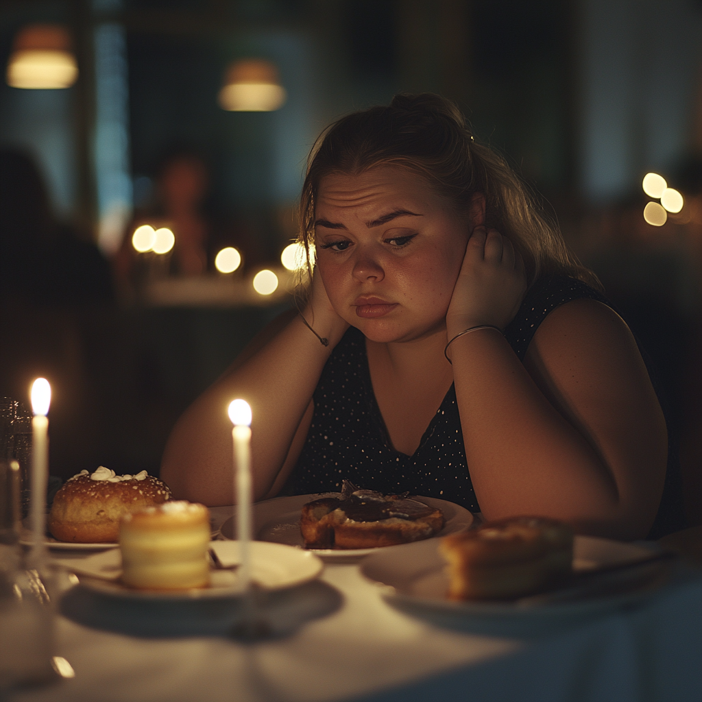 A sad woman at a formal dinner table | Source: no source