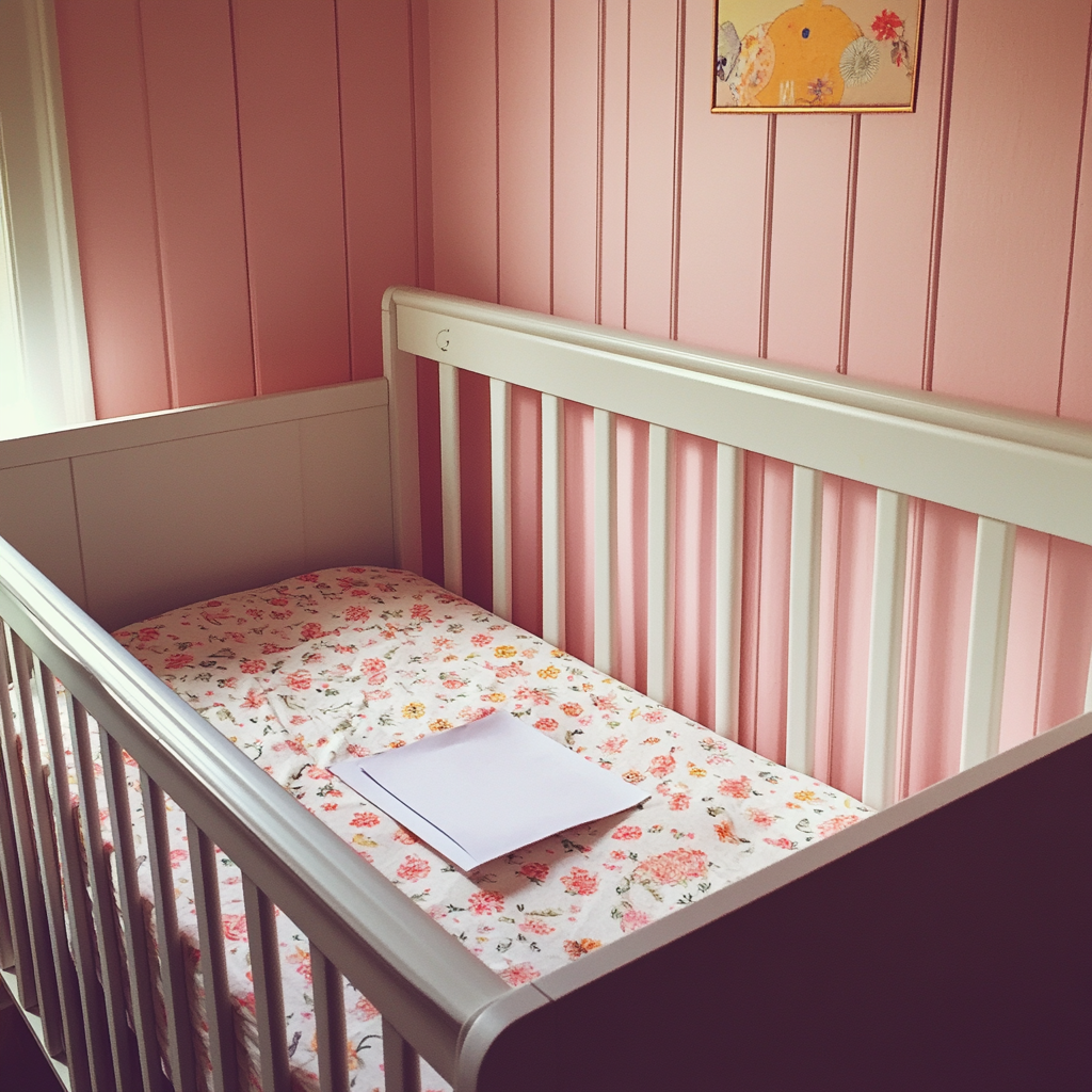 A piece of paper in an empty crib | Source: No source