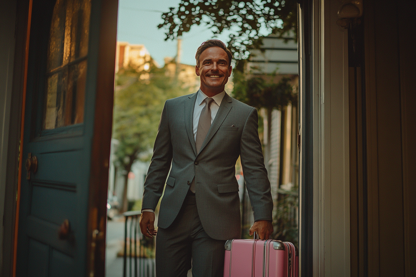 Man in a grey suit on a porch with a pink suitcase | Source: No source