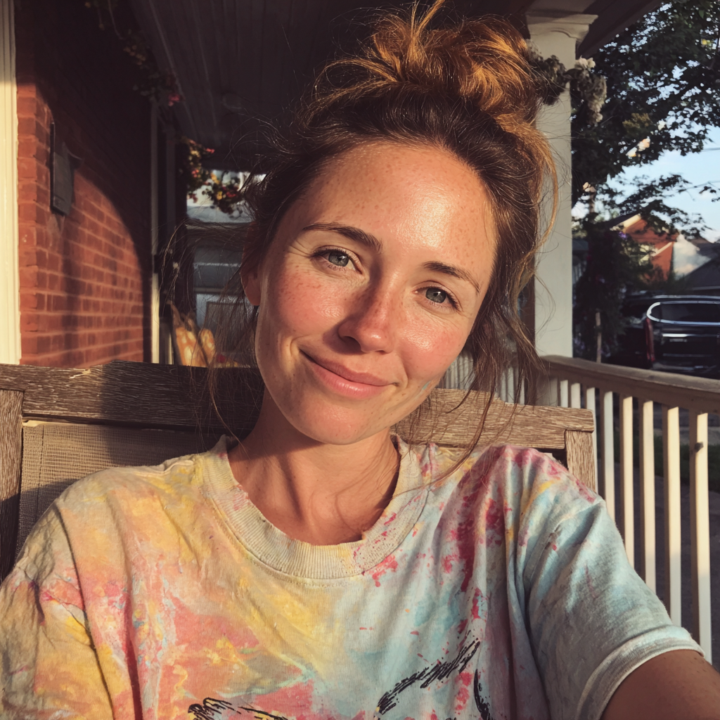 A smiling woman sitting on a porch | Source: no source