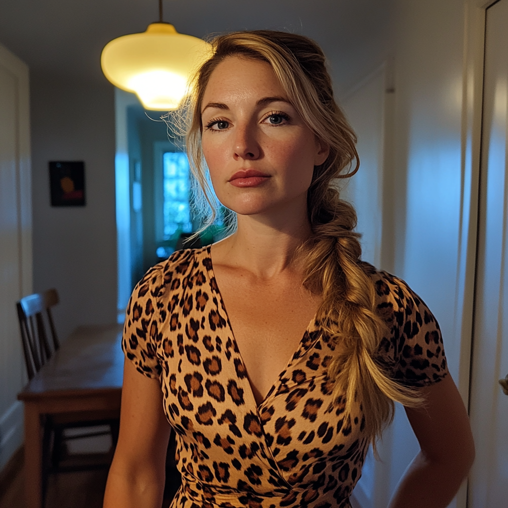 A woman wearing a cheetah printed dress | Source: No source