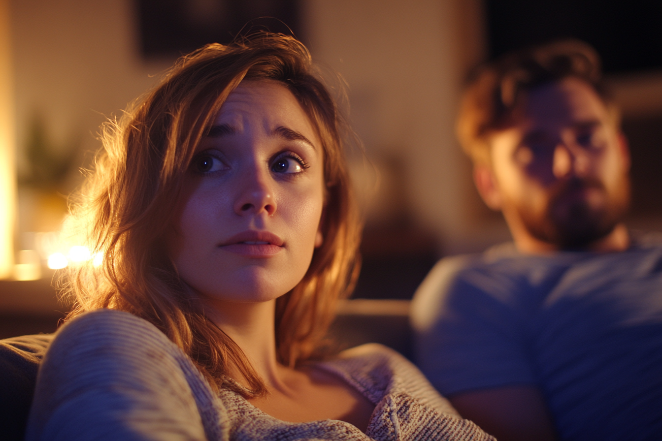 A concerned woman sitting on a sofa with her husband | Source: no source