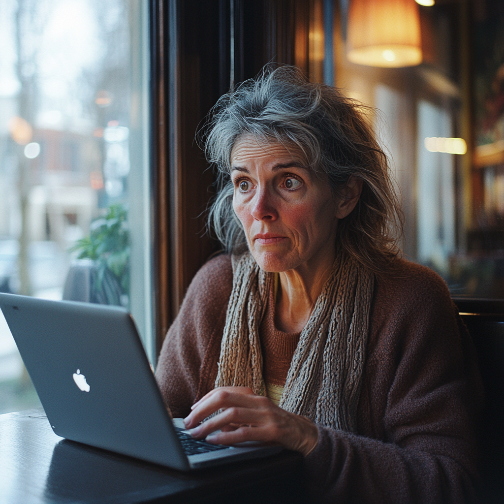 A woman looking at a laptop in a café | Source: No source