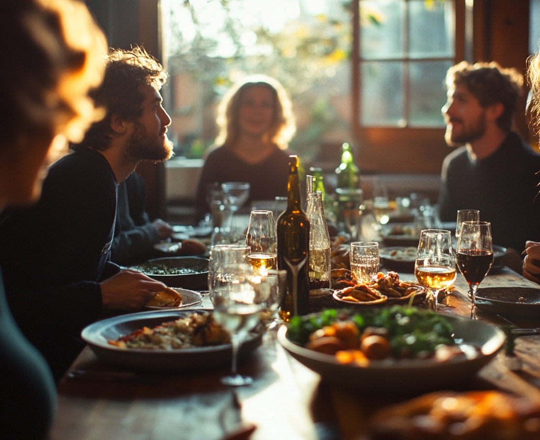 People exchanging glances at a dinner table | Source: no source