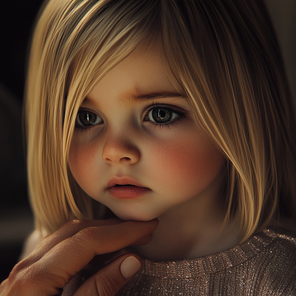 Close-up shot of a woman touching a little girl's chin | Source: No source