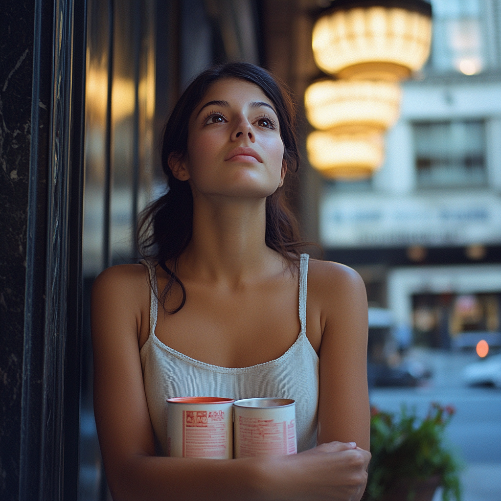 An upset woman outside a hotel with paint cans | Source: no source
