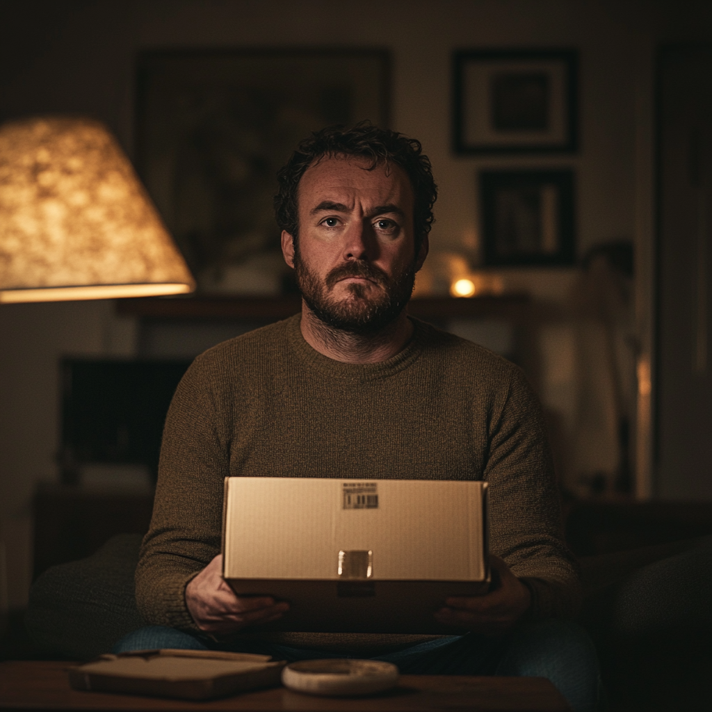 A serious man holding a box | Source: no source